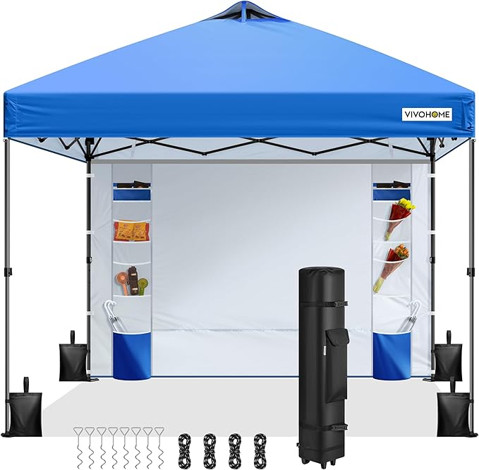 VIVOHOME 10x10ft Pop Up Canopy Tent with Sidewall and 6 Pockets, One Push Setup Outdoor Portable Shelter Tent Heavy Duty with Wheel Carry Bag and 4 Sandbags, Blue