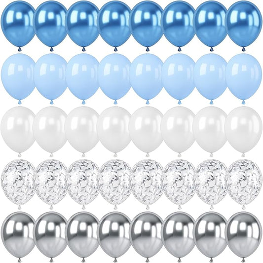 Blue Silver Balloon, 60 Pcs 12 Inches Metallic Blue White Balloon with Silver Balloons Glitter Confetti Balloons for Bridal Baby Shower Birthday Baptism Wedding Decorations