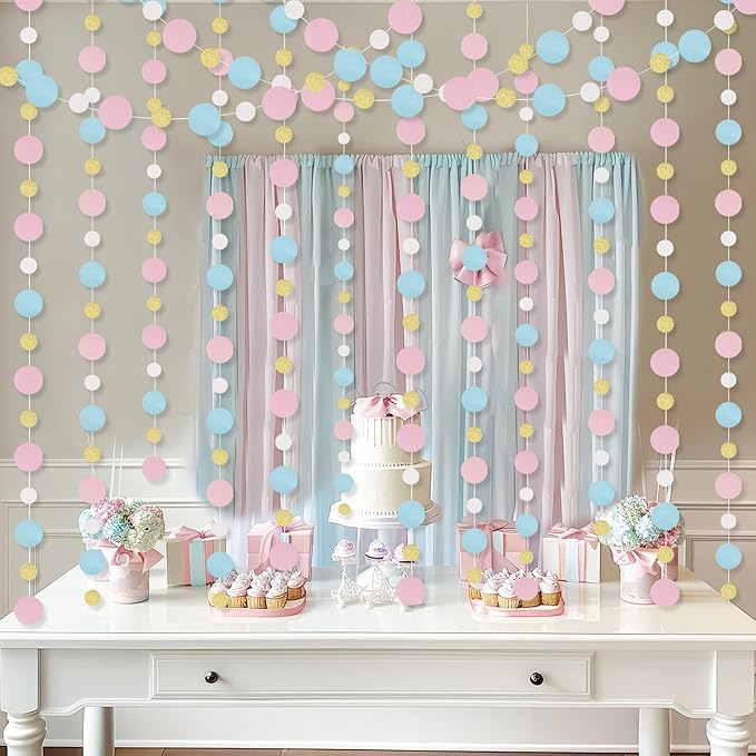 Outus 10 Pieces Pink,Blue,Gold,White Round Dots Garland Graduation Party Hanging Decor Each Length 13.1ft Glitter Paper Dot Streamers for Birthday Wedding Classroom Supplies