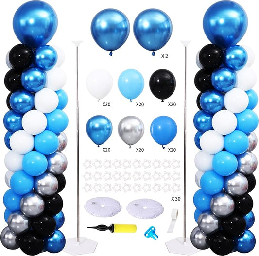 Blue and Silver Black Balloon Column Stand Arch Kit Set of 2 for Floor with 120PCS Blue Black Silver White Balloon Towers for Boys Men Birthday Party Graduation Decorations