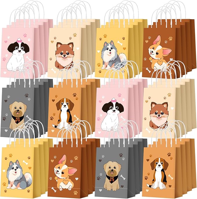 Zhanmai 48 Pcs Dog Birthday Party Favors Bags Bulk for Goodie Gifts Cute Puppy Candy Treat Paper Bags with Handles for Dog Birthday Party Decoration Supplies Pet Adoption