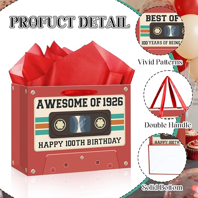 100th Birthday Gift Bag for Men Women Retro Tape 1926 Birthday Party Favor Bags with Tissue Paper and Card Vintage Cassette 100 Years Old Gift Wrapping Paper Bag Decorations for Mom Dad Friends Gifts