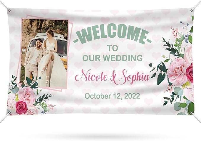 Personalized Wedding Congratulations Banners and Signs Customize Outdoor with Name Photo Date Custom Wedding Welcome Sign for Reception Party Ceremony 6'x3'