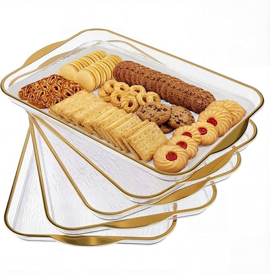 6 Pack Clear Serving Platters with Handles 14.8 x 9.4 Inch Large Party Plastic Serving Trays with Gold Rim Reusable for Food, Cookie, Cake, Turkey, Cheese, Fruit, Appetizer