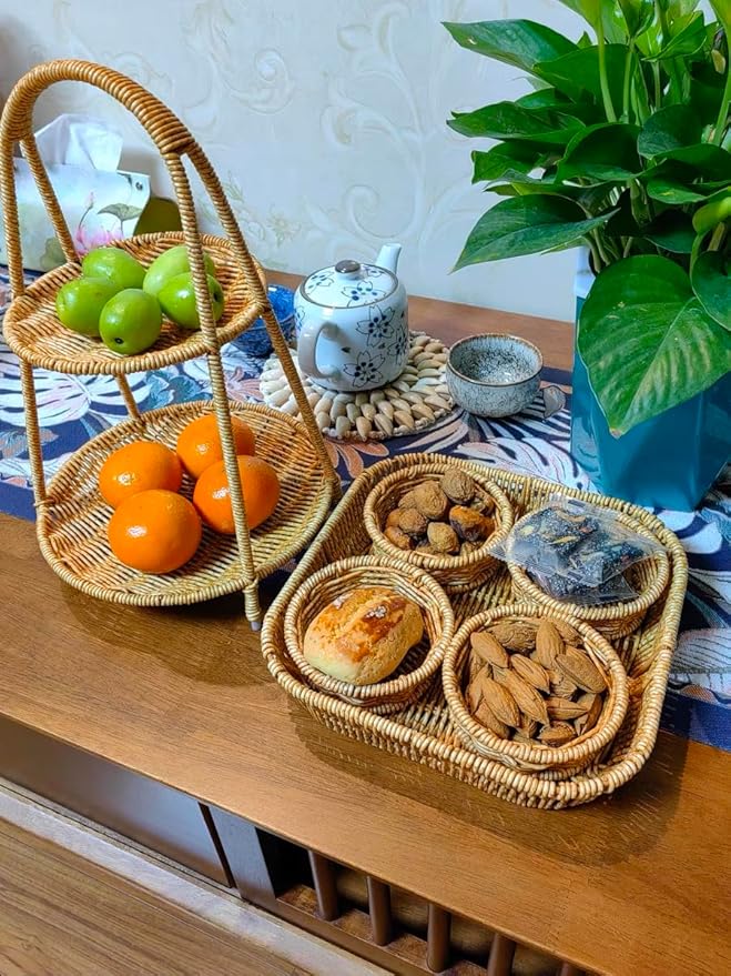Landtom Two Tiered Rattan Serving Stand | Serving Tray for Party | Round Wooden Platter for Cupcakes, Fruits, Dessert, Tea, Dried Fruit, Candy Or Snack (Type A)