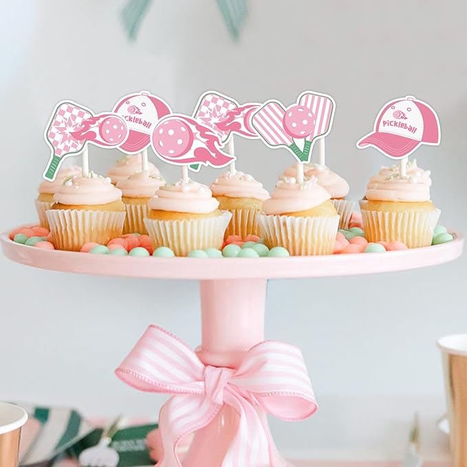 Cheereveal 36 Pieces Pink Pickleball Cupcake Toppers for Girls Women, Pickleball Rackets Cupcake Picks, Retirement Sports Themed Birthday Baby Shower Party Decoration Supplies