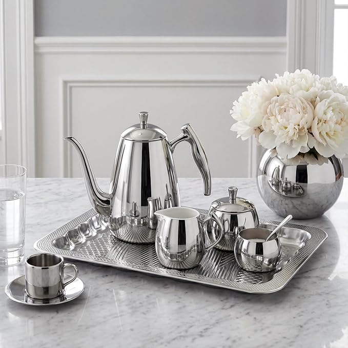 4 Pack 17.5" x 13.6" Large Silver Serving Trays for Dessert Table Stainless Steel Platters Floral Engraved Mirror Serving Platters for Wedding, Desserts, Party Food Display (Retro)