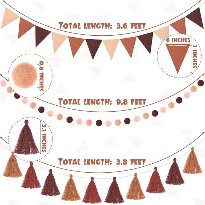 Irenare 9.8 ft Pom Pom Garland Felt Rainbow Garland 2026 Graduation Party Decoration Colorful Pennant Tassel Banner Back to School Birthday Triangle Banner for Classroom School Mantel(Gradient Brown)