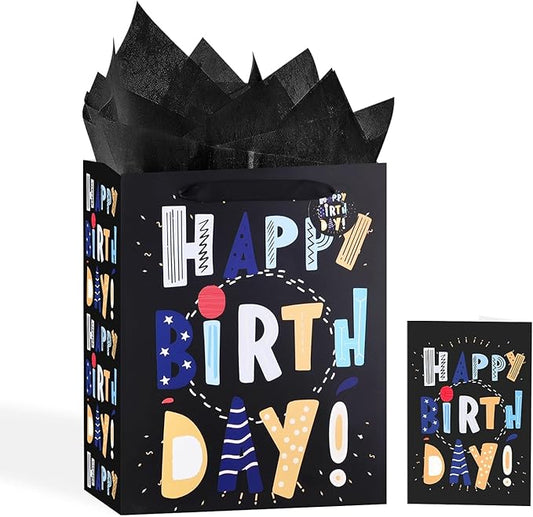 13" Black Happy Birthday Bag with Tissue Paper and Greeting Card for Party,Happy Birthday Gift Bag for Boys, Kids, Men,Gift Bags Medium size (1 PCS Black, Gift Bag)