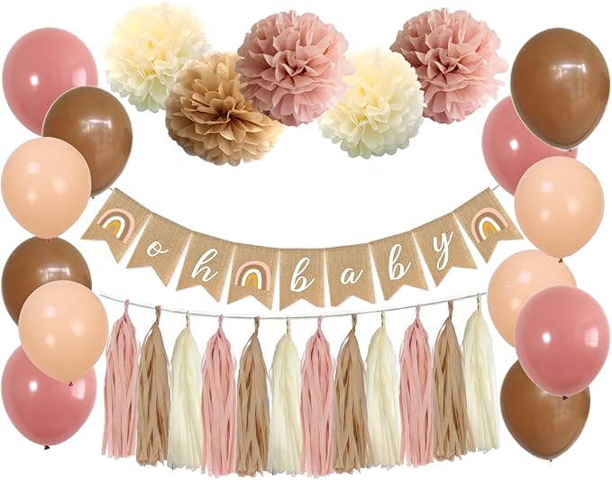 Boho Pink Brown Baby Shower Party Decorations Set - 40-Pack Mauve Blush Pink Tissue Pom Poms Paper Flowers Balloons Tassel Garland Banner Streamers for Baby Shower Backdrop Girl Birthday Nursery Decor