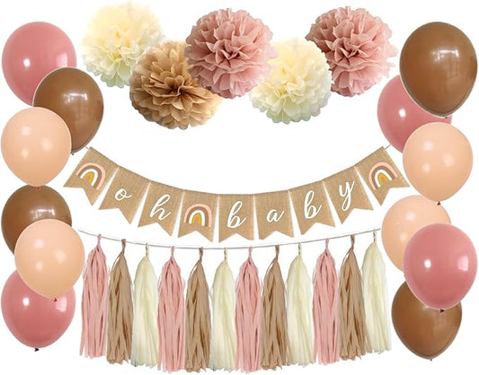Boho Pink Brown Baby Shower Party Decorations Set - 40-Pack Mauve Blush Pink Tissue Pom Poms Paper Flowers Balloons Tassel Garland Banner Streamers for Baby Shower Backdrop Girl Birthday Nursery Decor