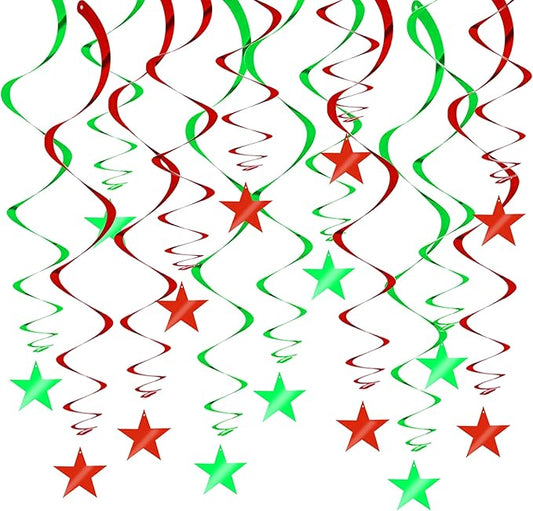 BEISHIDA Red Green Star Hanging Swirl Christmas Decorations Ceiling Hanging Party Supplies for Christmas Birthday Wedding Decorations, Pack of 15