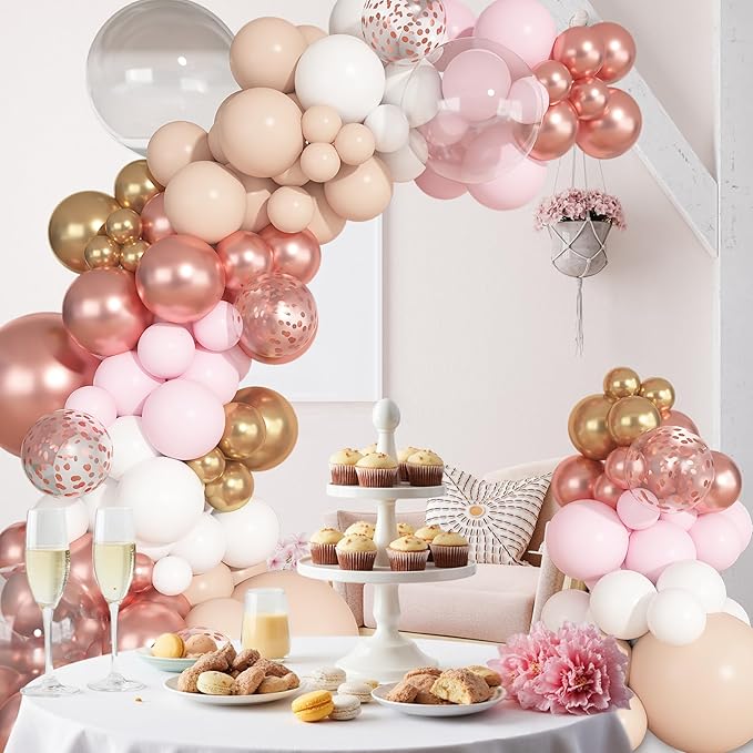Ouddy Party 149Pcs Rose Gold Balloon Arch Garland Kit Different Sizes 18 12 10 5Inch, 6Pcs 18” Clear Nude Pink White Metallic Confetti Balloons for Wedding Baby Shower Girl Birthday Party Decorations