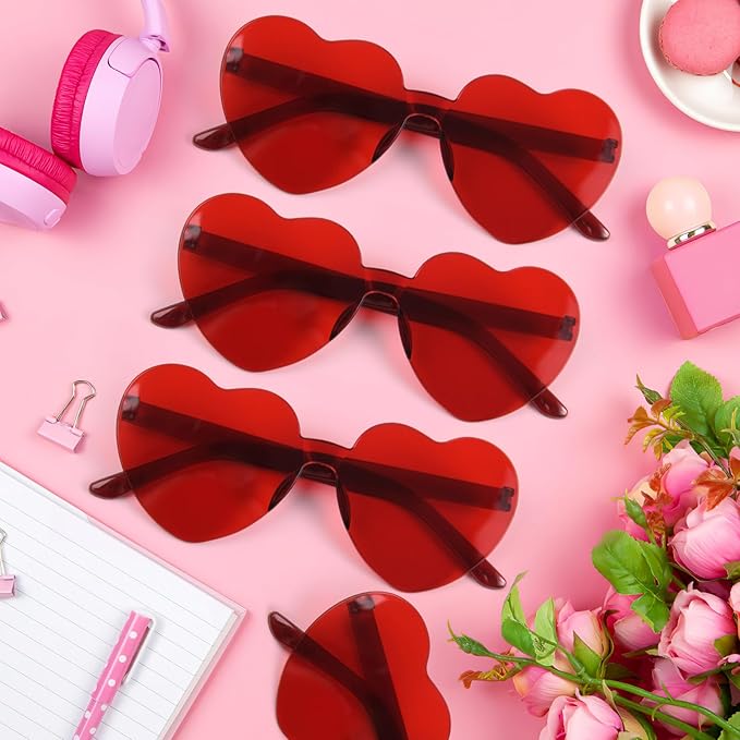 28 Pack Heart Shaped Sunglasses for Women Rimless Heart Glasses Bulk Mardi Gras Candy Color Sunglasses for Party