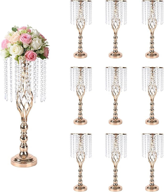 10 Pcs 21.6 Inch Crystal Flower Stand Gold Wedding Centerpieces Gold Flower Stand Vases Centerpiece Decorations for Wedding Party Reception Birthday Party Decor (L-21.6inch)