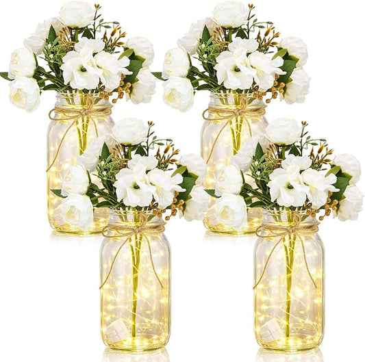 4 Sets Mason Jar with Lights White Faux Peony Decorative White Centerpieces for Tables Mason Jars Flowers Decorations LED Farmhouse Vase for Home Wedding Event Party Decor