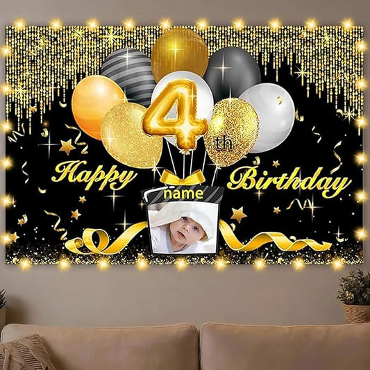 Dicodes Custom Black and Gold Theme Birthday Banner for Party Happy Birthday Backdrop Decoration Personalized with Name and Photo