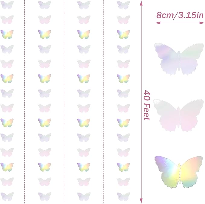 40Ft Iridescent Holographic Butterfly Garland Disco Hanging Streamer Decor for Galentines Valentines Day, Wedding, Bridal Bachelorette Baby Shower & Birthday Party