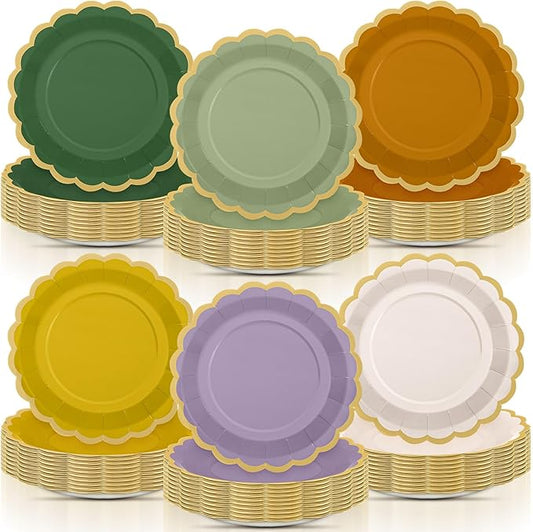 96 Pcs Nature Wedding Paper Plates 9 Inch Sage Green Purple Scalloped Paper Disposable Dinner Dessert Plates for Birthday Wedding Bridal Party Supplies, 6 Colors