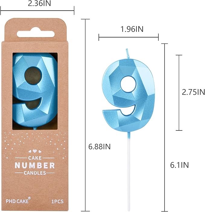 PHD CAKE 2.76 Inch Crystal Blue 9 Number Birthday Candles, Blue Number Candles, Cake Number Candles, Party Celebration
