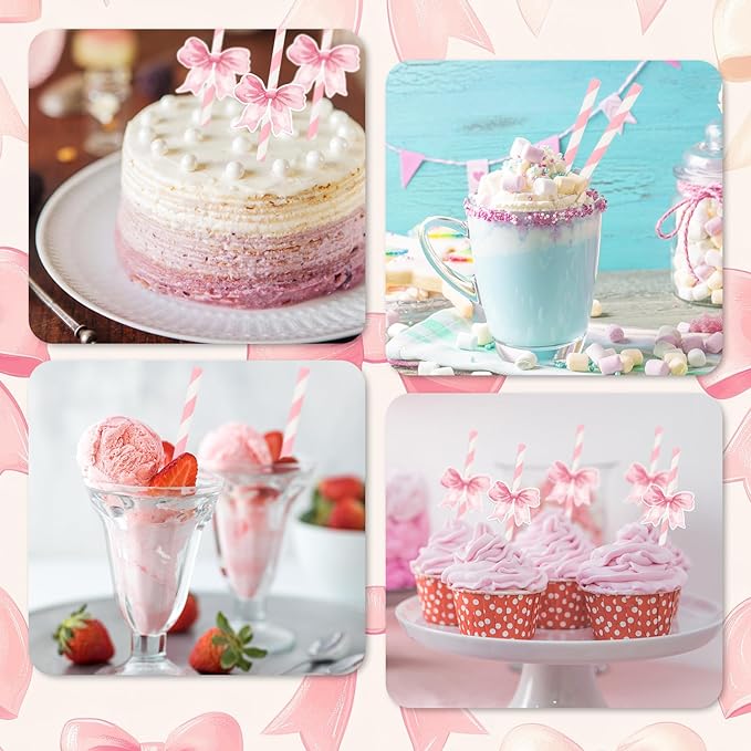 Whaline 60Pcs Pink Bow Paper Straws Tying the Knot Bride Bach Decor Coquette Pink White Striped Disposable Drinking Straw for Birthday Bridal Shower Wedding Bachelorette Party Supplies