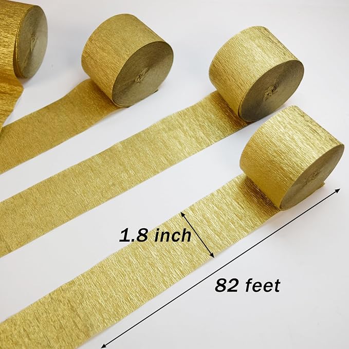 FOONEA Crepe Paper Streamers - 4 Rolls 328ft Gold Crepe Paper for Party, Wedding, Birthday & Baby Shower Decorations