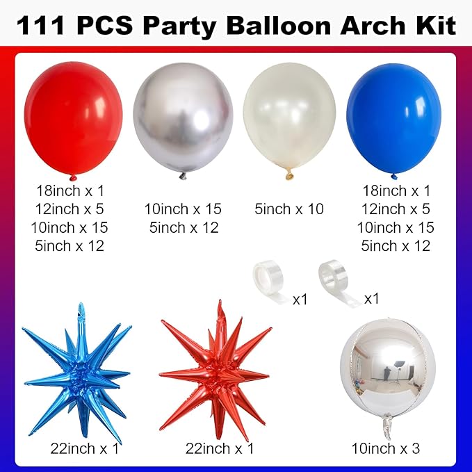 Red Blue Silver Balloon Arch Garland Kit, Memorial Day Patriotic 250th Anniversary USA Balloons 4D Ball Explosion Star Balloon for Independence Day Graduation 4th of July Baseball Birthday Party Decor