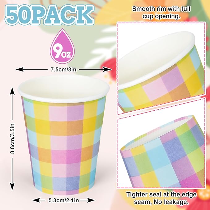 Whaline 50Pcs Easter Paper Cups Buffalo Plaid Disposable Cups Colorful Checkered Drinking Cup for Birthday Baby Shower Party Cold Hot Drinkware Tableware Decor, 9 Oz