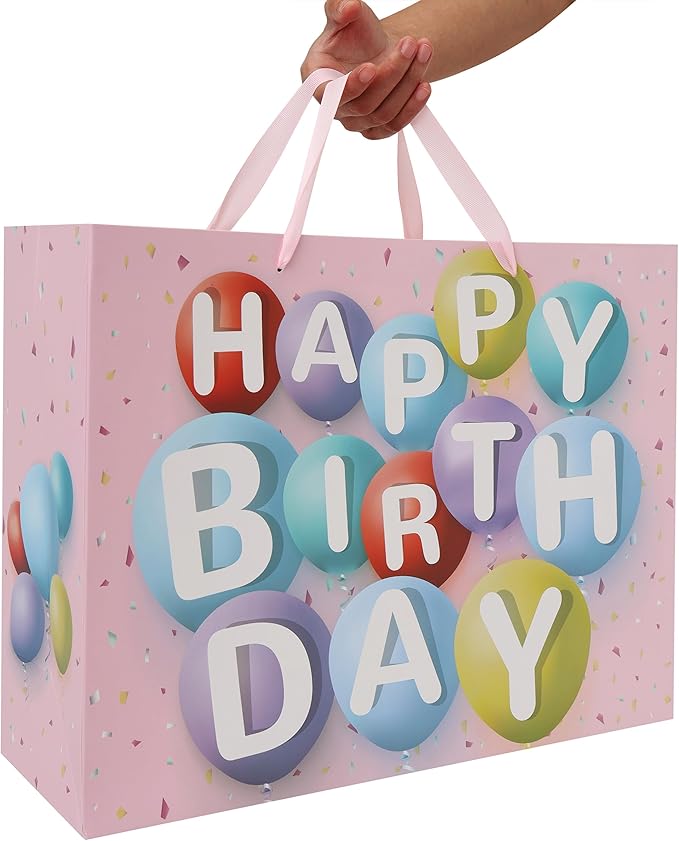 wishinside 16.5” Extra Large Happy Birthday Gift Bag Set with Handles, Greeting Card, Tissue Papers and Stickers for Girls Kids Women, Colorful Balloon Design, 1 Pcs