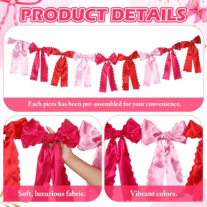 VitalCozy Rose Pink Bow Garland Decor for Coquette Party Decorations, Pre-Strung Rose Pink Satin Ribbon Birthday Party Garland Bow Banner for Bridal Shower Bachelorette Wedding Birthday Engagement
