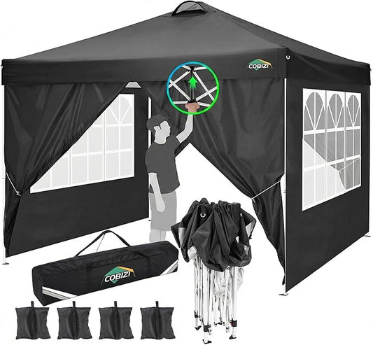 COBIZI 10x10 Pop Up Canopy Tent, One Push Outdoor Gazebo with 4 Removable Sidewalls & Air Vent, Waterproof Commercial Easy Up Adjustable Canopy with 4 Sandbags, 4 Stakes & 8 Ropes for Party,Black