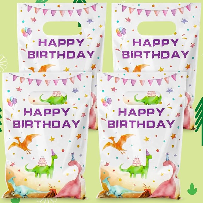Hxezoc 50 Pieces Dinosaur Gift Bags with Handle, Plastic Treat Candy Bag Watercolor Dinosaur Favor Bags for Kids Birthday Party Decoration Supplies