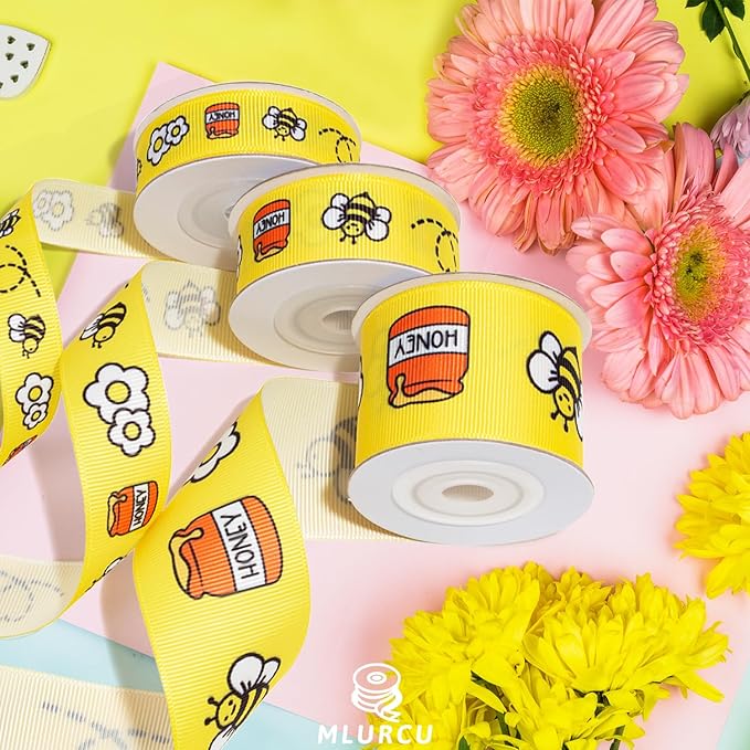 Bee Ribbon Set 3 Rolls Yellow Grosgrain Ribbon 5/8", 7/8", 1.5", Bumblebee, Honey Pot, Flower Print Ribbon for Crafts, Gift Wrapping, Hair Bows, Baby Shower, Party Decor