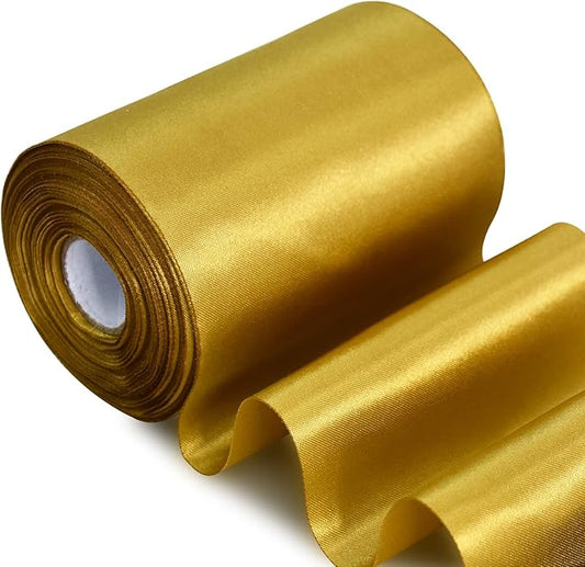 TONIFUL 4 in x 22Yds Wide Dark Gold Satin Ribbon Solid Fabric Large Ribbon for Cutting Ceremony Kit Grand Opening Chair Sash Table Hair Car Bow Sewing Craft Gift Wrapping Wedding Party Decoration