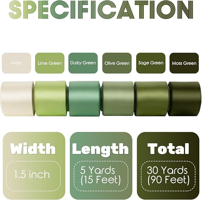 Green Ribbon 1-1/2 Inch Assorted Sage, Olive, Moss, Lime, Dusty Green, Ivory, Double Faced Satin Ribbons Set for Wedding, Flower Bouquet, Gift Wrapping, Hair Bow Crafts - 30Yds