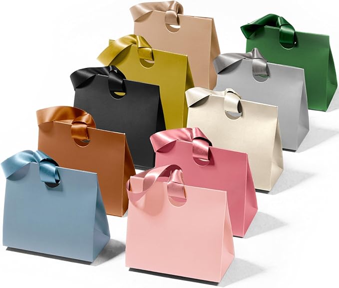 Vitalizart Paper Gift Bags With Ribbon Handles Set of 10 Assorted Colors Bulk Reusable For Gift Wrap Girls Kids Birthday Bridal Shower Party Favors Goodie Bags Candy Christmas 6.1"x2.95"x5.71" Mini