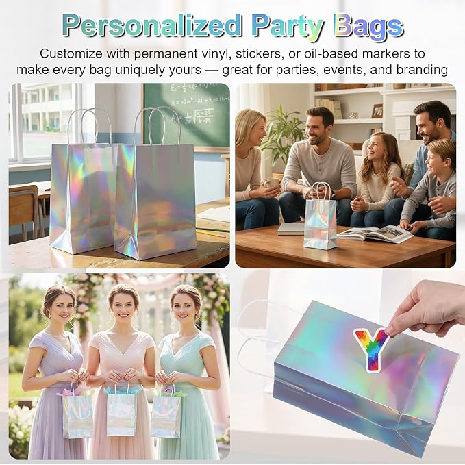 Abeillo 48 Pcs Reusable Paper Gift Bags with Handle, Iridescent Gift Bag Glossy Holographic Goodie Bag Gifts Handbag Bulk for Baby Shower Christmas Birthday Party Favor, 8.3 x 4.7 x 3.1 Inch