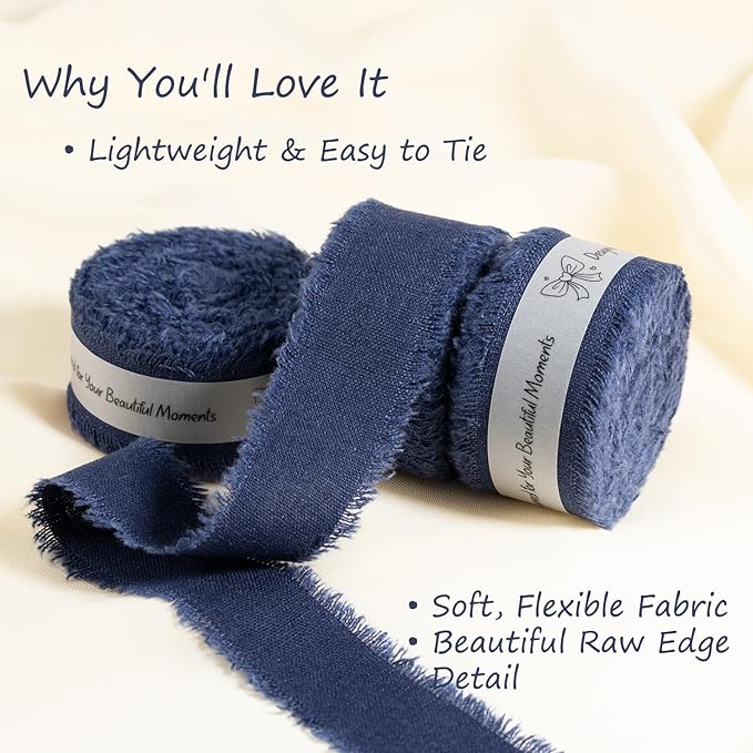 Navy Blue Cotton Ribbon 1 Inch Navy Blue 3 Rolls 21 Yards Frayed Edge Fabric Set for Formal Wedding Decor, Graduation Party, Gift Wrapping, Patriotic Party & Memorial Day