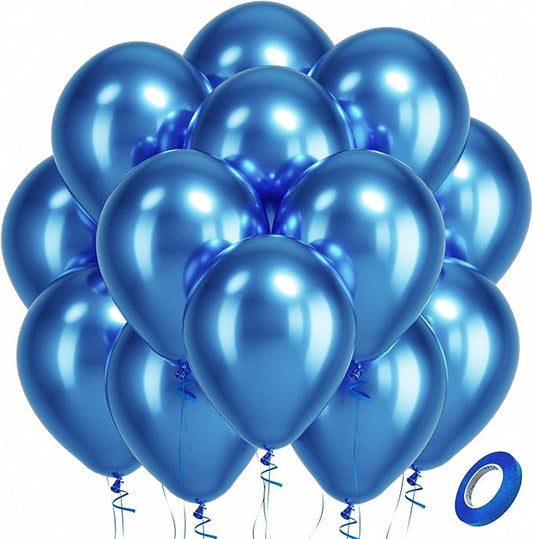 Bezente Metallic Blue Latex Party Balloons - 100 Pack 12 inch Round Helium Chrome Blue Balloons for Graduation Wedding Bachelorette Birthday Engagement Party Decorations