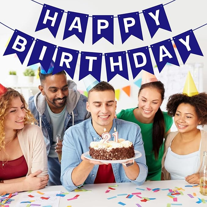 Pre-Strung Navy Blue Happy Birthday Banner Signs Party Decorations for Women Men Girls Boys