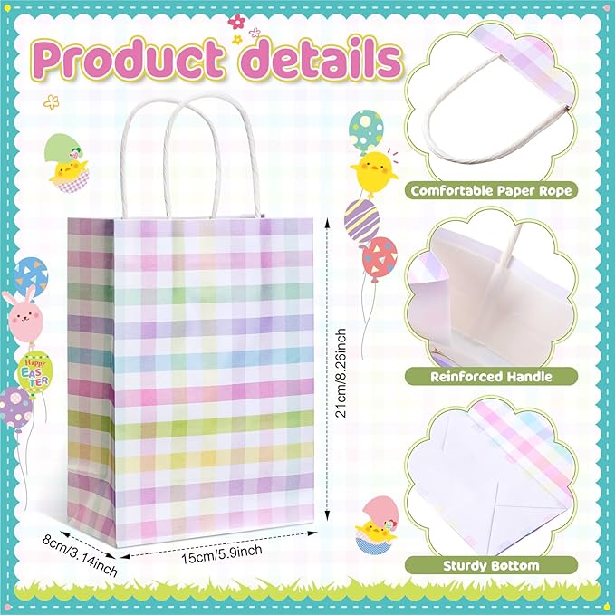 Humyoun 24 Pcs Spring Easter Checkered Gift Bags Easter Goodies Bags Spring Paper Gift Bags with Handles Easter Egg Hunt Party Treat Bag for Spring Easter Party Supplies