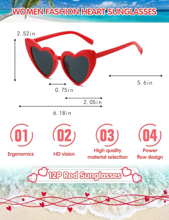 LOHO MAGICA Women Fashion Heart Sunglasses 12 Pack Heart Shaped Sunglasses for Women Vintage Love Cat Eye Retro Glasses