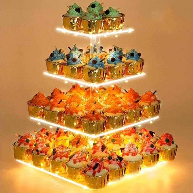 YestBuy Cupcake Stand with Yellow Led Lights, 4 Tier Cupcake Stand for 50 Cupcakes, Acrylic Cupcake Tower Stand, Clear Tiered Cupcake Holder for Birthday Cady Bar Décor Weddings, Parties Events