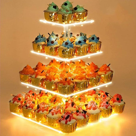 YestBuy Cupcake Stand with Yellow Led Lights, 4 Tier Cupcake Stand for 50 Cupcakes, Acrylic Cupcake Tower Stand, Clear Tiered Cupcake Holder for Birthday Cady Bar Décor Weddings, Parties Events