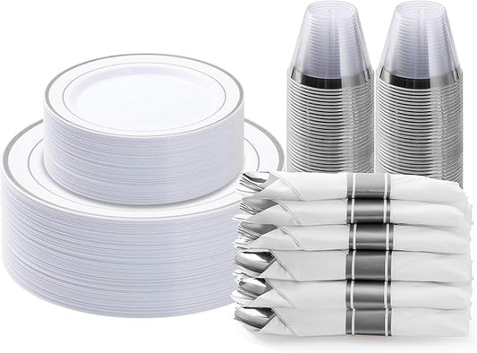 BESTVIP 175PCS Silver Plastic Dinnerware Set, Disposable Party Plates for 25 Guests, Include: 50 Plastic Plates, 25 Pre Rolled Napkins with Silver Silverware, 25 Cups for Christmas, Halloween