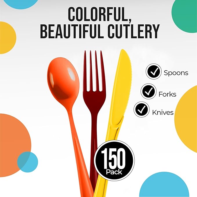 Party Solids Thanksgiving Plastic Cutlery Set - 150 Pieces