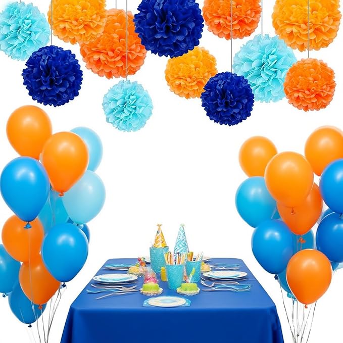 12pcs Blue and Orange Tissue Paper Pom Poms,Hanging Paper Pompoms for Pink Orange Party Decoration