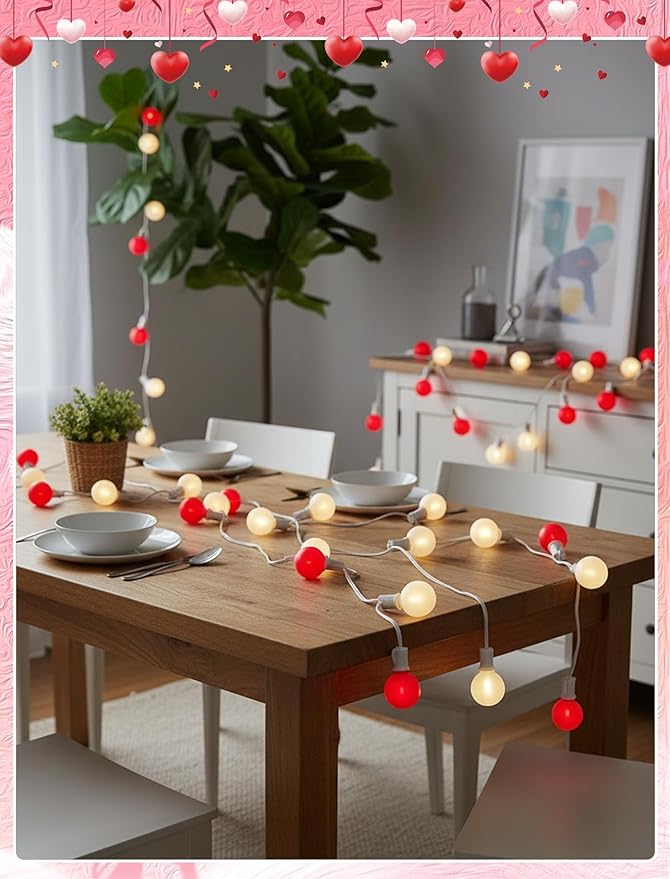 25FT LED Valentine’s Day String Lights, 25 G40 Valentines Decoration Lights Outdoor with Frosted Red White Bulbs, Hanging Patio Lights Shatterproof for Mother's Day Decor Wedding Party, White Wire