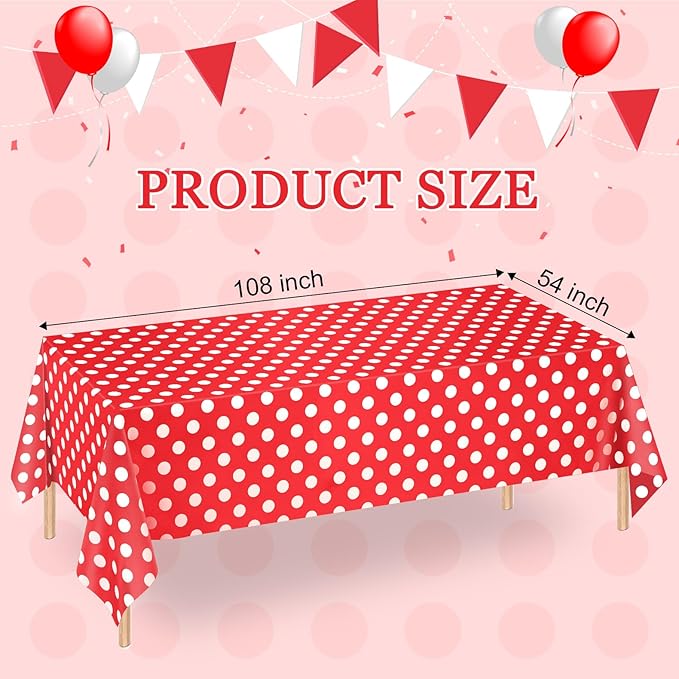 WNINK 4 Pack Red and White Polka Dot Tablecloths – Disposable Plastic Waterproof Table Cover, 54" x 108", for Birthday, Wedding, Bridal Shower, Bachelor Party, and Picnic