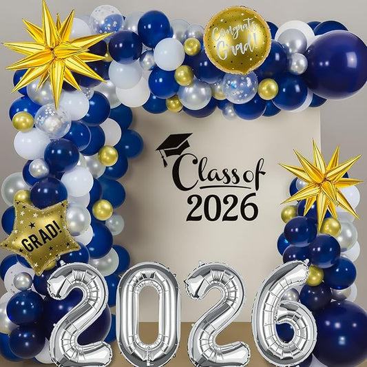 2026 Graduation Balloon Arch Garland Kit, Navy Blue Gold Silver Balloon Arch, Class of 2026 Party Decorations with 32" 2026 Banner for College High School Congrats Grad Celebration Party Supplies